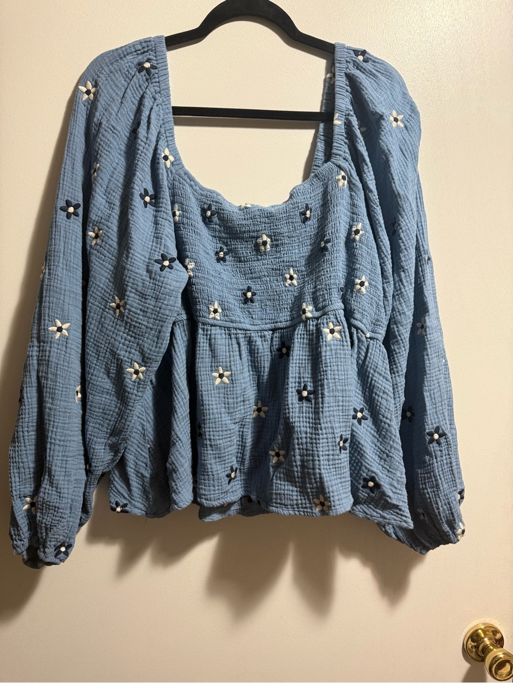 Blue Floral Peasant Top